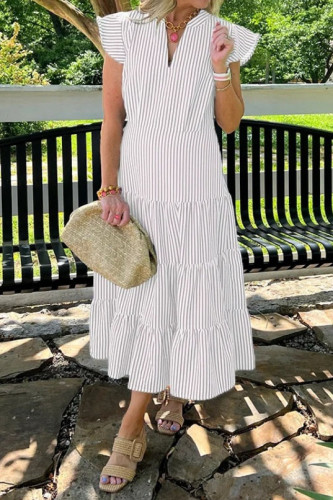 Large Size Striped Print V-Neck Flying Sleeve Dress
