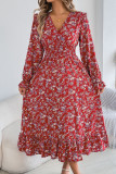 V-Neck Waist Cinched Ruffle Edge Long Sleeved Dress
