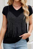 V-Neck Diamond Studded Short Sleeved Shirt