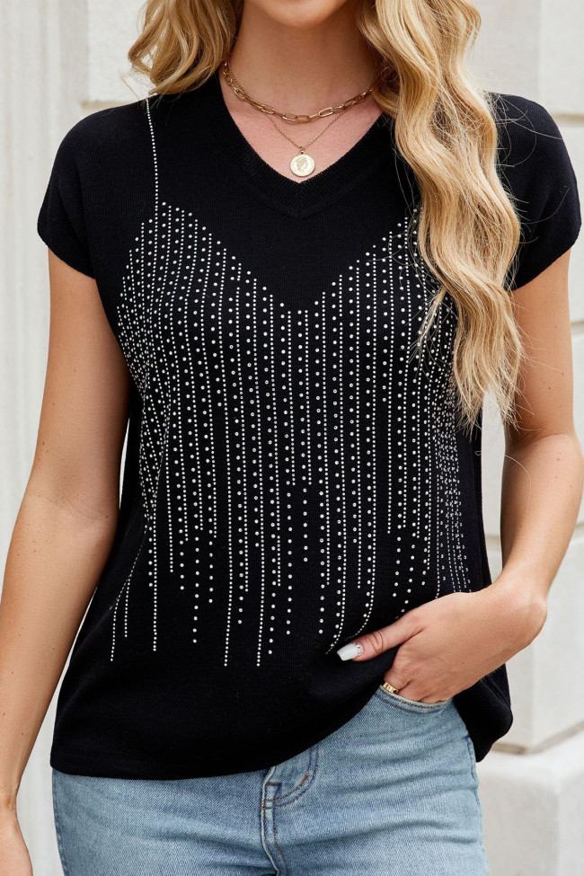 V-Neck Diamond Studded Short Sleeved Shirt