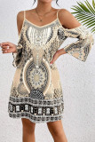 Retro Printed Off Shoulder Long Sleeved Dress