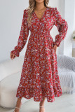 V-Neck Waist Cinched Ruffle Edge Long Sleeved Dress