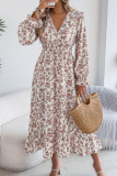 V-Neck Waist Cinched Ruffle Edge Long Sleeved Dress