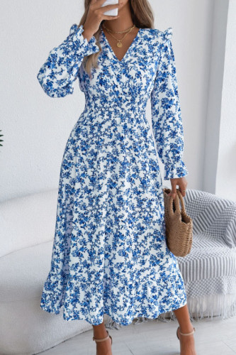V-Neck Waist Cinched Ruffle Edge Long Sleeved Dress