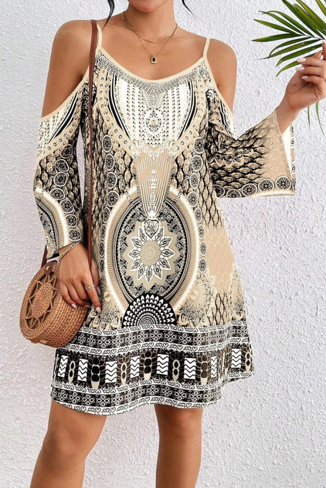 Retro Printed Off Shoulder Long Sleeved Dress