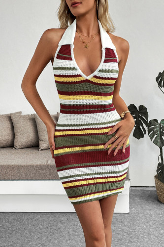 Retro Striped Hanging Neck Backless Knitted Dress