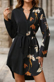 Long Sleeved V-Neck Waist Cinched Shirt Dress