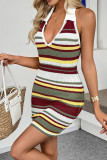 Retro Striped Hanging Neck Backless Knitted Dress