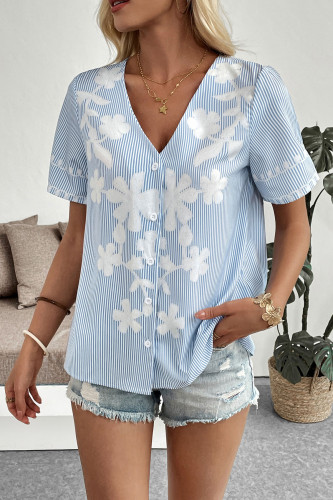 V-Neck Printed Loose Short Sleeved Lace Shirt
