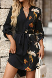 Long Sleeved V-Neck Waist Cinched Shirt Dress