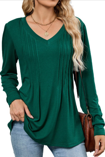 Solid Color V-Neck Loose Long Sleeved T-Shirt