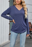 V-Neck Solid Color Loose Long Sleeved T-Shirt