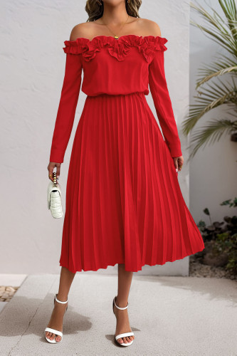 One Shoulder Lotus Leaf Long Sleeved Dress