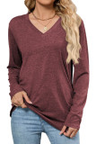 V-Neck Solid Color Loose Long Sleeved T-Shirt