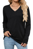 V-Neck Solid Color Loose Long Sleeved T-Shirt