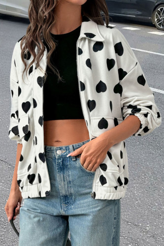 Lapel Heart-Shaped Printed Zipper Cardigan Jacket