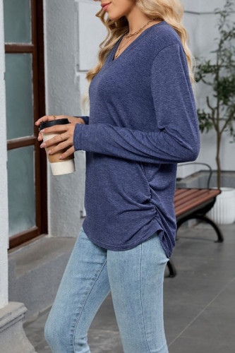 V-Neck Solid Color Loose Long Sleeved T-Shirt