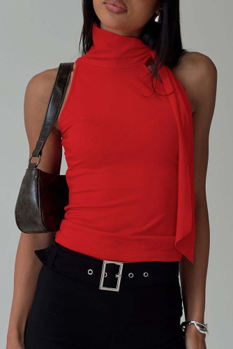 Solid Color Sleeveless Collar Tied With Ribbon Vest