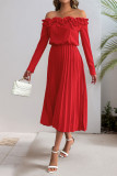 One Shoulder Lotus Leaf Long Sleeved Dress