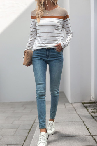 Long Sleeved Round Neck Striped Sweatshirt