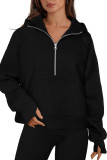 Half Zip Solid Color Long Sleeved Hooded Sweatshirt