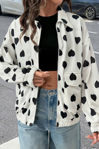Lapel Heart-Shaped Printed Zipper Cardigan Jacket