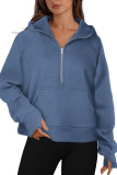 Half Zip Solid Color Long Sleeved Hooded Sweatshirt