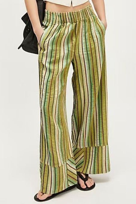 Elastic High Waisted Striped Printed Wide Leg Pants