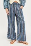 Elastic High Waisted Striped Printed Wide Leg Pants