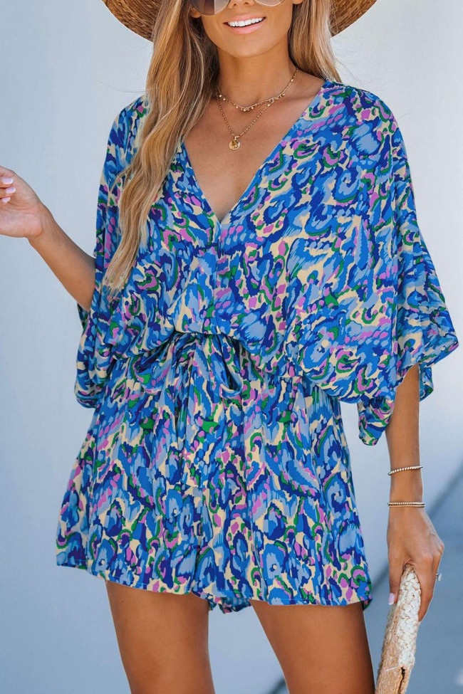 V-Neck Printed Bat Short Sleeve Jumpsuit