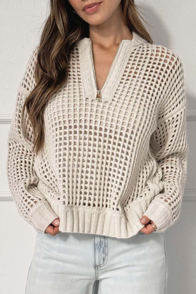 Zipper Hollowed Out Long Sleeved Sweater