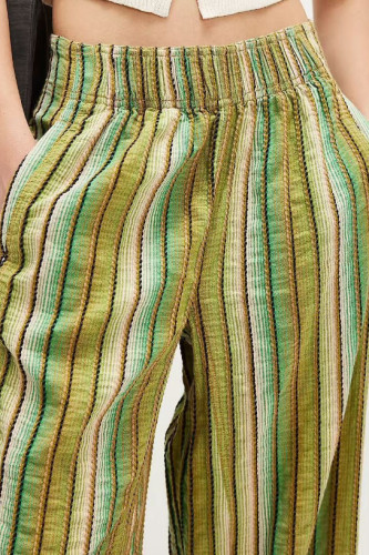 Elastic High Waisted Striped Printed Wide Leg Pants