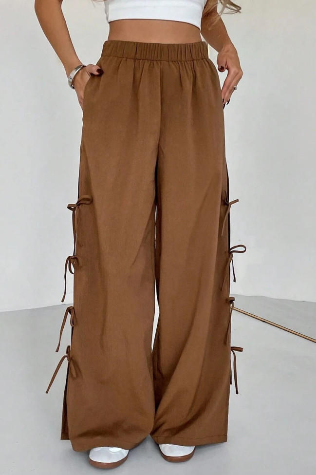 Bow Elastic High Waisted Wide Leg Pants
