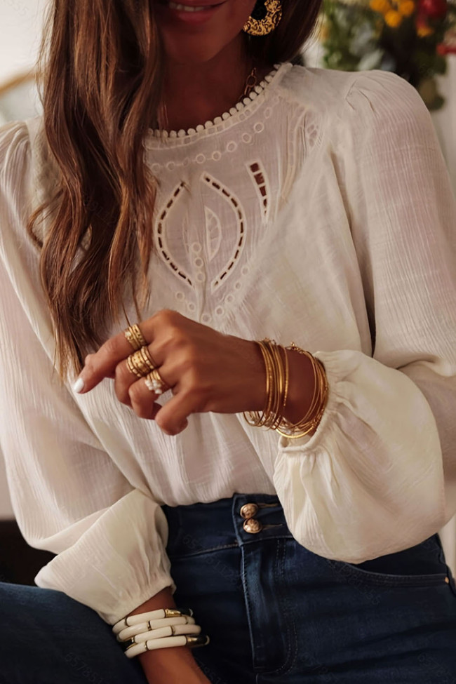Hollow Lace Collar Long Sleeved Loose Shirt