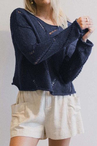 Solid Color Hollow Knitted Long Sleeved Sweater