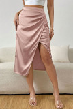 Solid Color Satin High Waisted Split Skirt