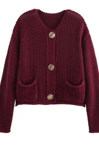 Solid Color Knitted Button Long Sleeve Cardigan