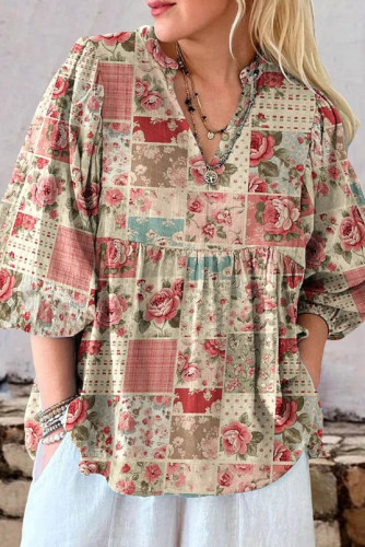 V-Neck Floral Print Bubble Short Sleeve Shirt