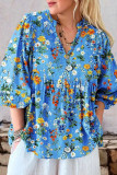 V-Neck Floral Print Bubble Short Sleeve Shirt