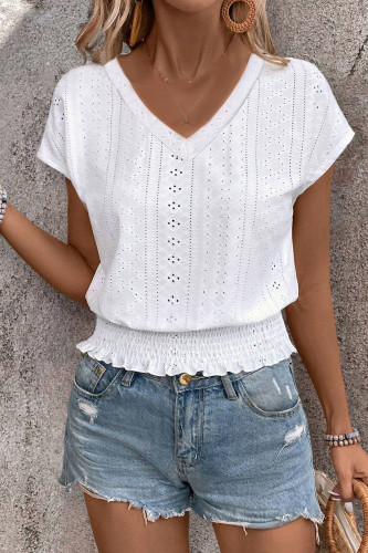 V-Neck Jacquard Short Sleeved Hollow T-Shirt