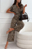 V-Neck Leopard Print Zebra Print Waist Cinched Jumpsuit