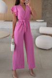 V-Neck Cinched Waist Strap Solid Color Jumpsuit