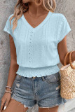 V-Neck Jacquard Short Sleeved Hollow T-Shirt