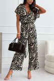 V-Neck Leopard Print Zebra Print Waist Cinched Jumpsuit