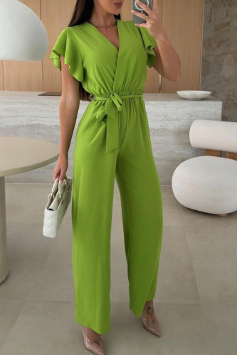 V-Neck Cinched Waist Strap Solid Color Jumpsuit