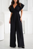V-Neck Waist Cinched Solid Color Jumpsuit Pants