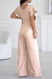 V-Neck Waist Cinched Solid Color Jumpsuit Pants