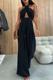 Hanging Neck Solid Color Waist Cinching Jumpsuit