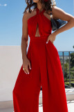 Hanging Neck Solid Color Waist Cinching Jumpsuit