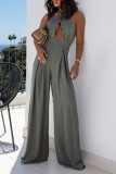 Hanging Neck Solid Color Waist Cinching Jumpsuit